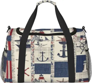 Sea Lighthouse Starfish Patchwork Travel Duffel Bag with Strap Multi Pockets Sports Bag Handbag Large Shoulder Bag for Gym Weekend Fitness Camping