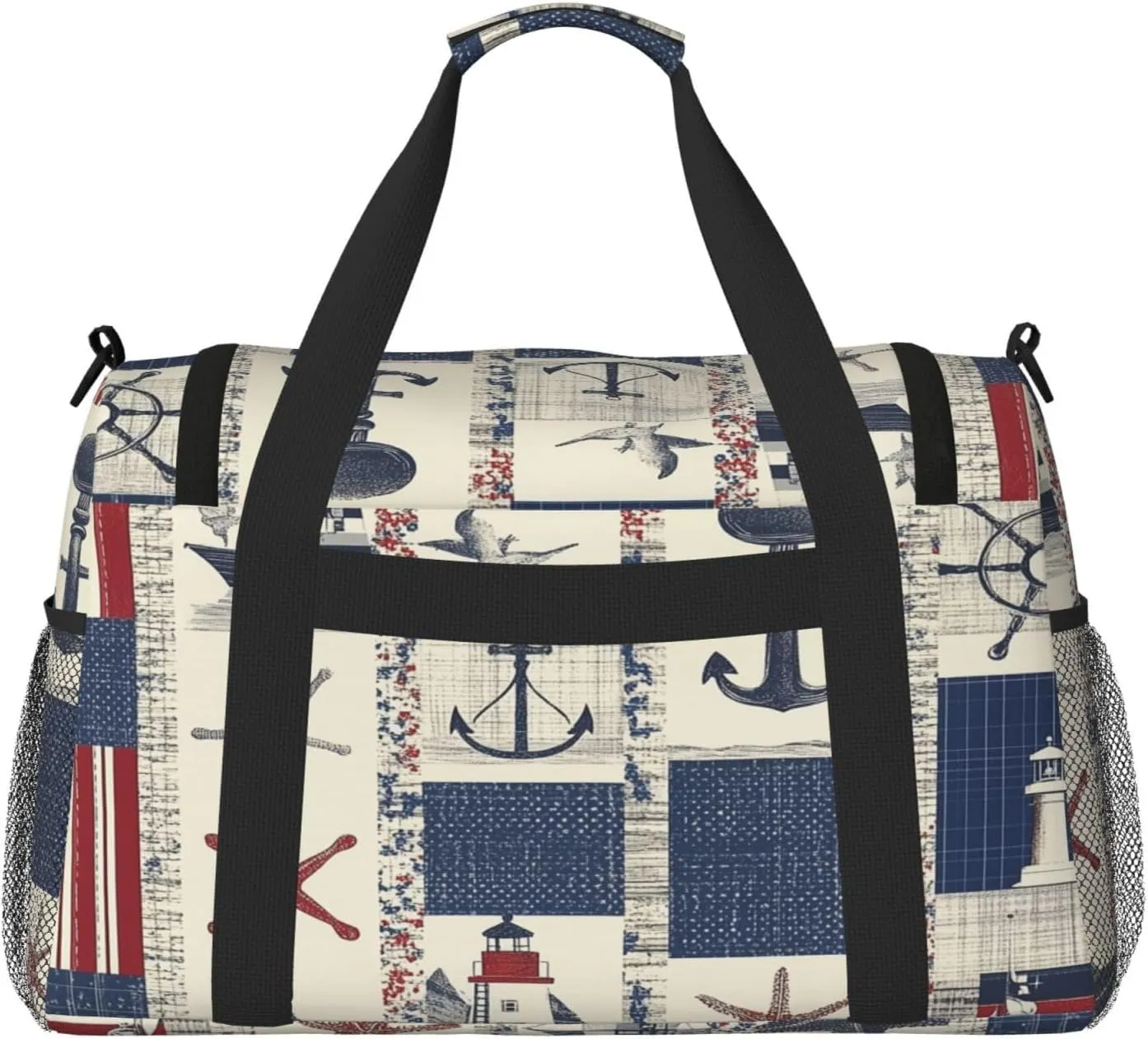 Sea Lighthouse Starfish Patchwork Travel Duffel Bag with Strap Multi Pockets Sports Bag Handbag Large Shoulder Bag for Gym Weekend Fitness Camping