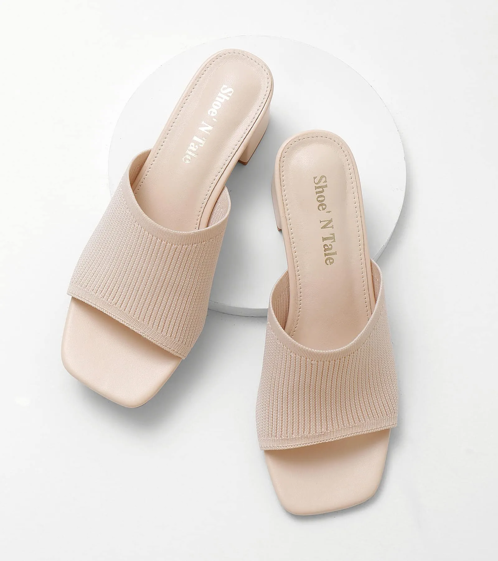 Shoe'N Tale Heeled Sandals For Women Square Open Toe Heeled Mules Chunky Block Low Heel Slip On Slides(7.5,Beige)