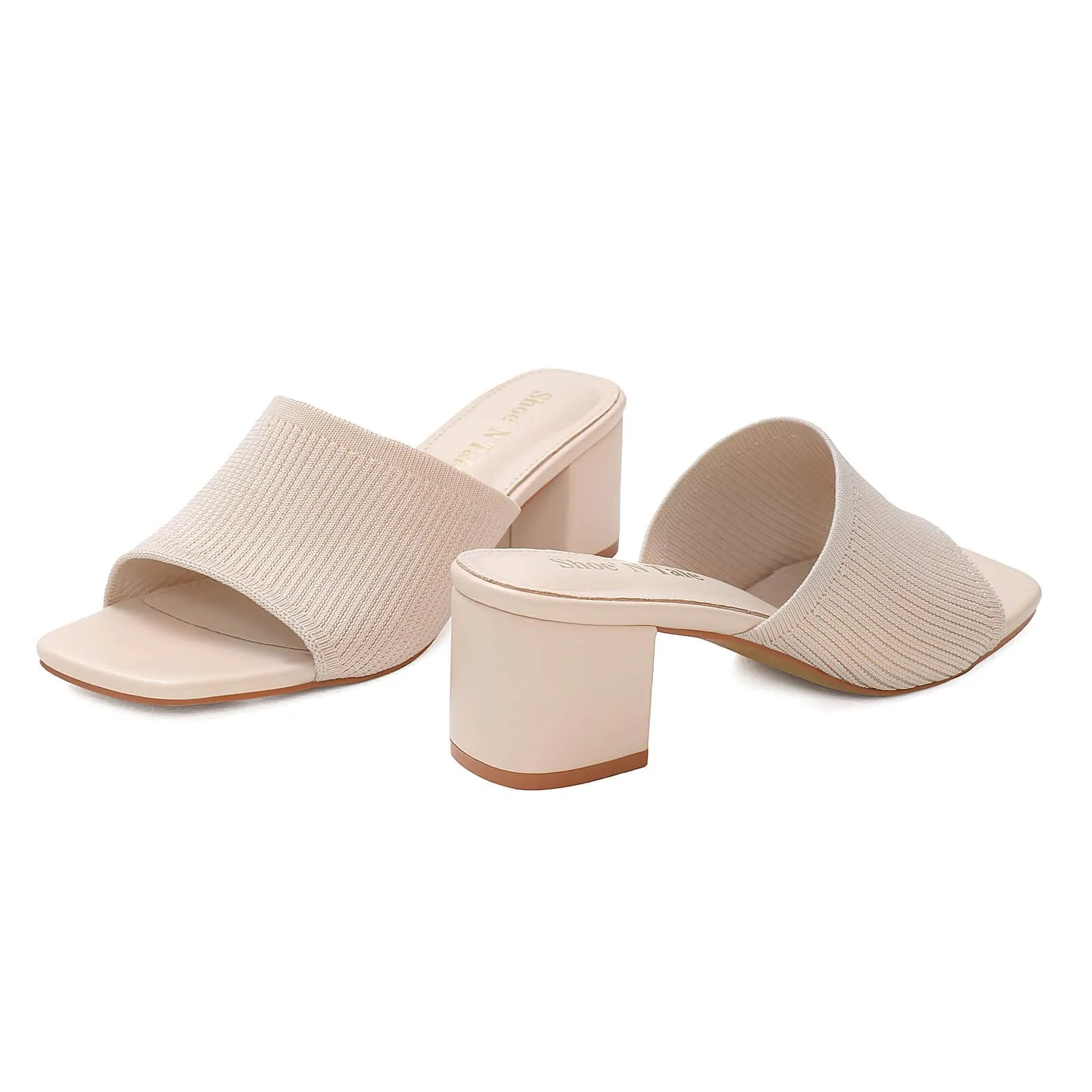 Shoe'N Tale Heeled Sandals For Women Square Open Toe Heeled Mules Chunky Block Low Heel Slip On Slides(7.5,Beige)