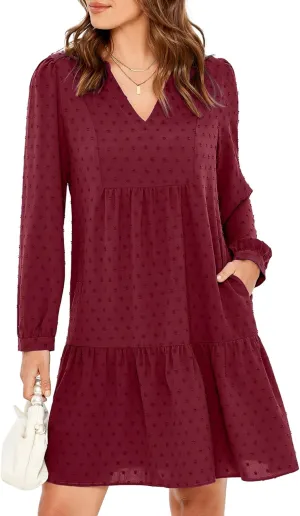 Simplee Women V Neck Long Sleeve Swiss Dot Dress Flowy Mini Dress Shift Dress