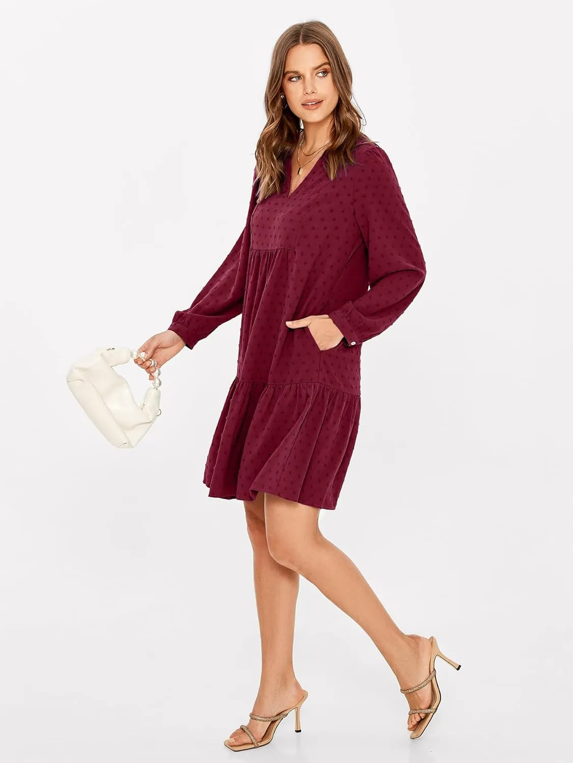 Simplee Women V Neck Long Sleeve Swiss Dot Dress Flowy Mini Dress Shift Dress