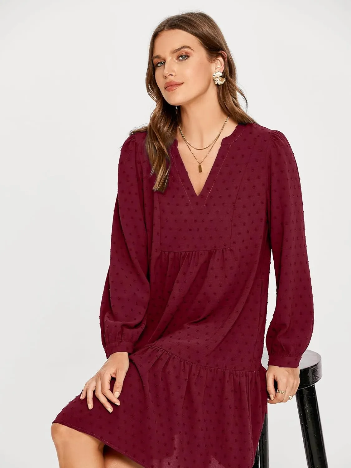 Simplee Women V Neck Long Sleeve Swiss Dot Dress Flowy Mini Dress Shift Dress