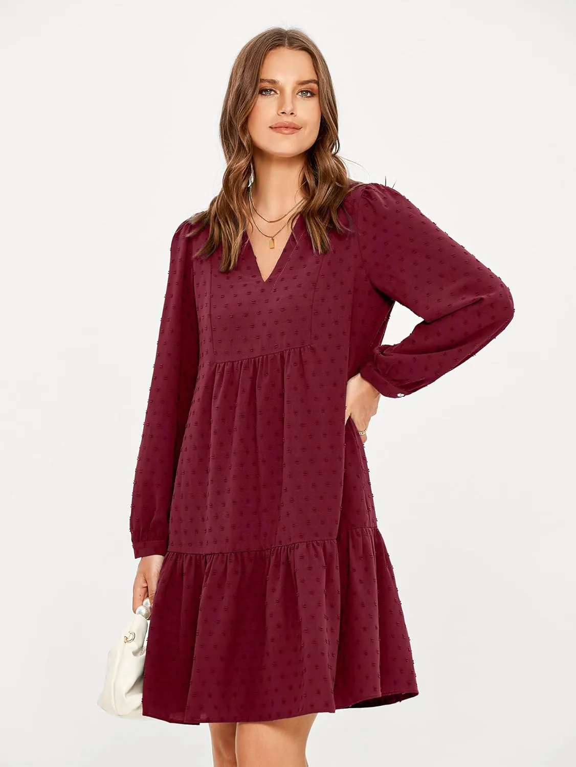 Simplee Women V Neck Long Sleeve Swiss Dot Dress Flowy Mini Dress Shift Dress