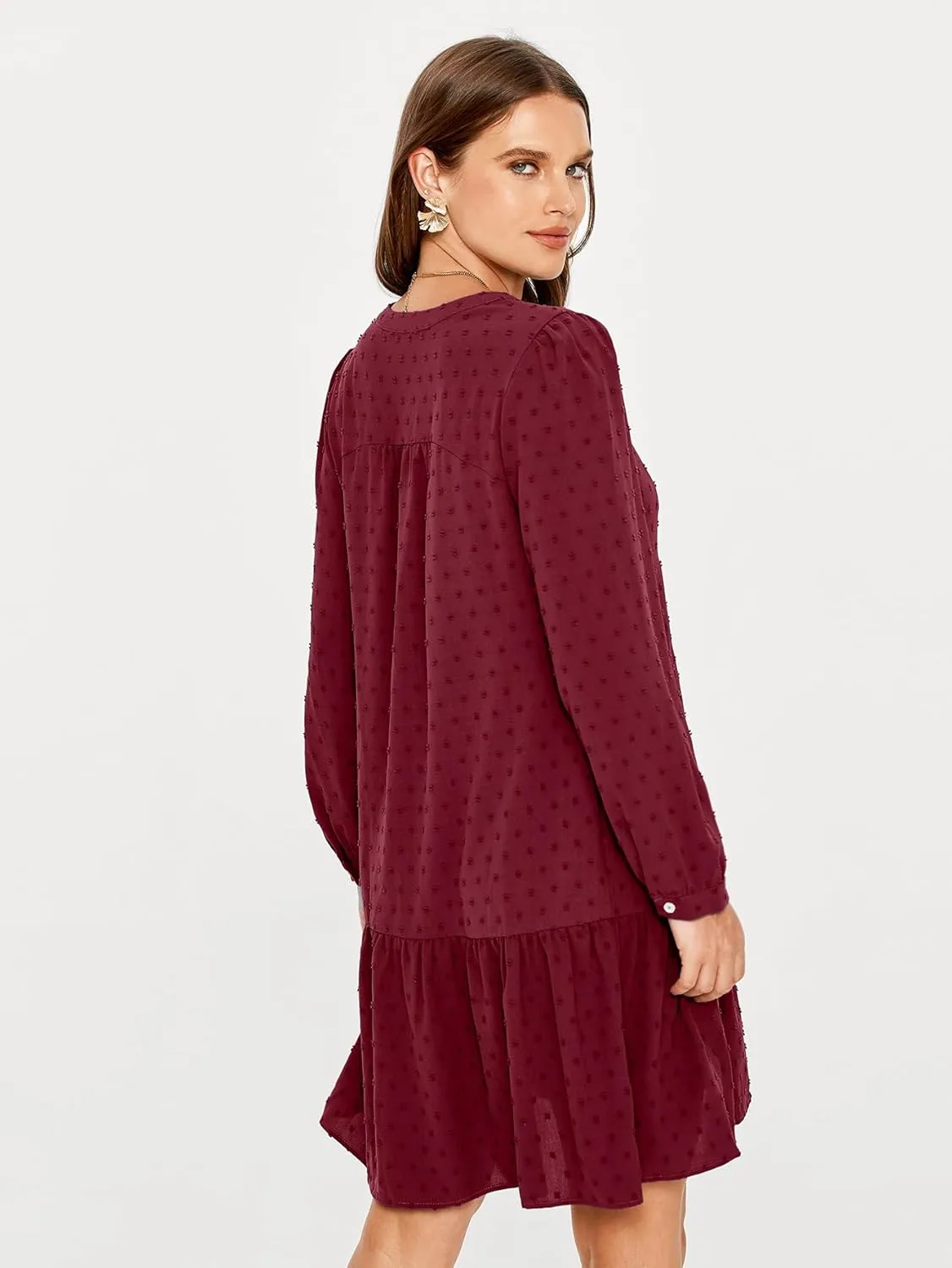 Simplee Women V Neck Long Sleeve Swiss Dot Dress Flowy Mini Dress Shift Dress
