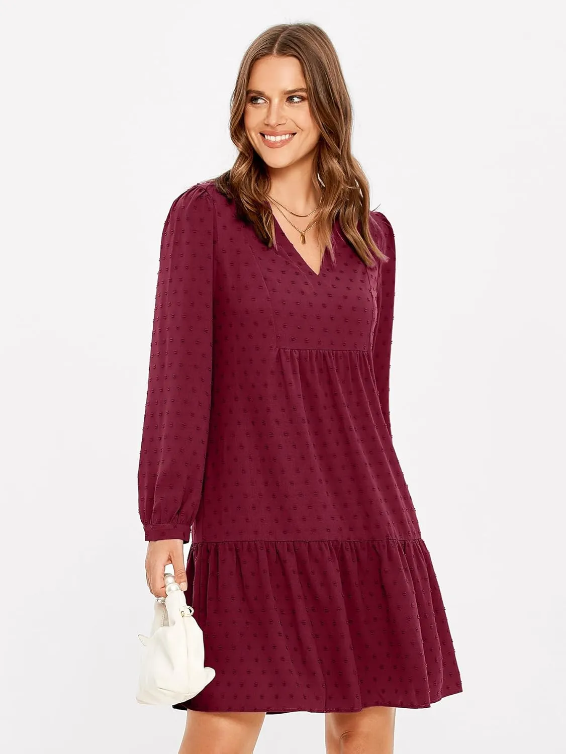 Simplee Women V Neck Long Sleeve Swiss Dot Dress Flowy Mini Dress Shift Dress