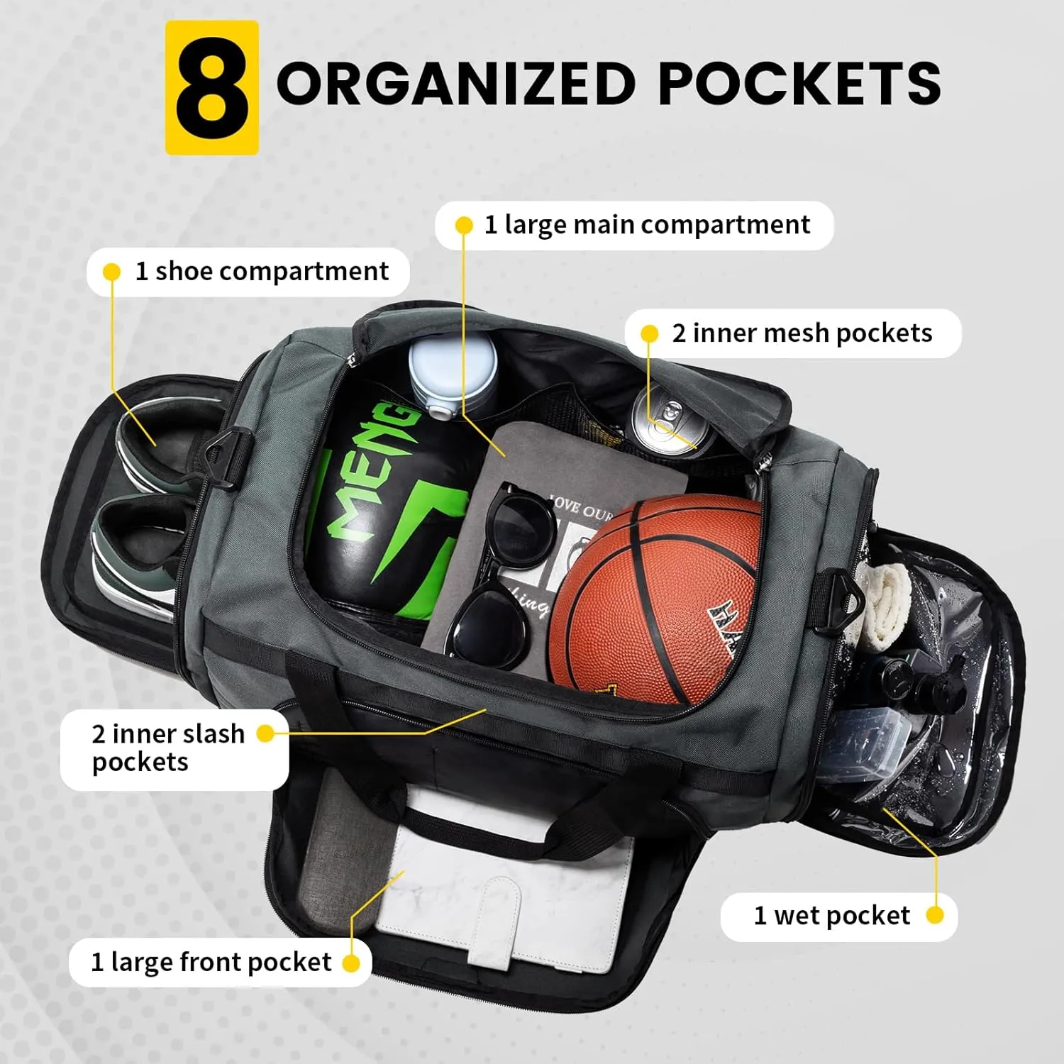 Small Gym Bag - 40L Duffle Bag for Men Women Lightweight Duffel Bag with Shoe Compartment Wet Pocket Travel Bag Sports Bag for Sports Gym Travel - Black, Gray