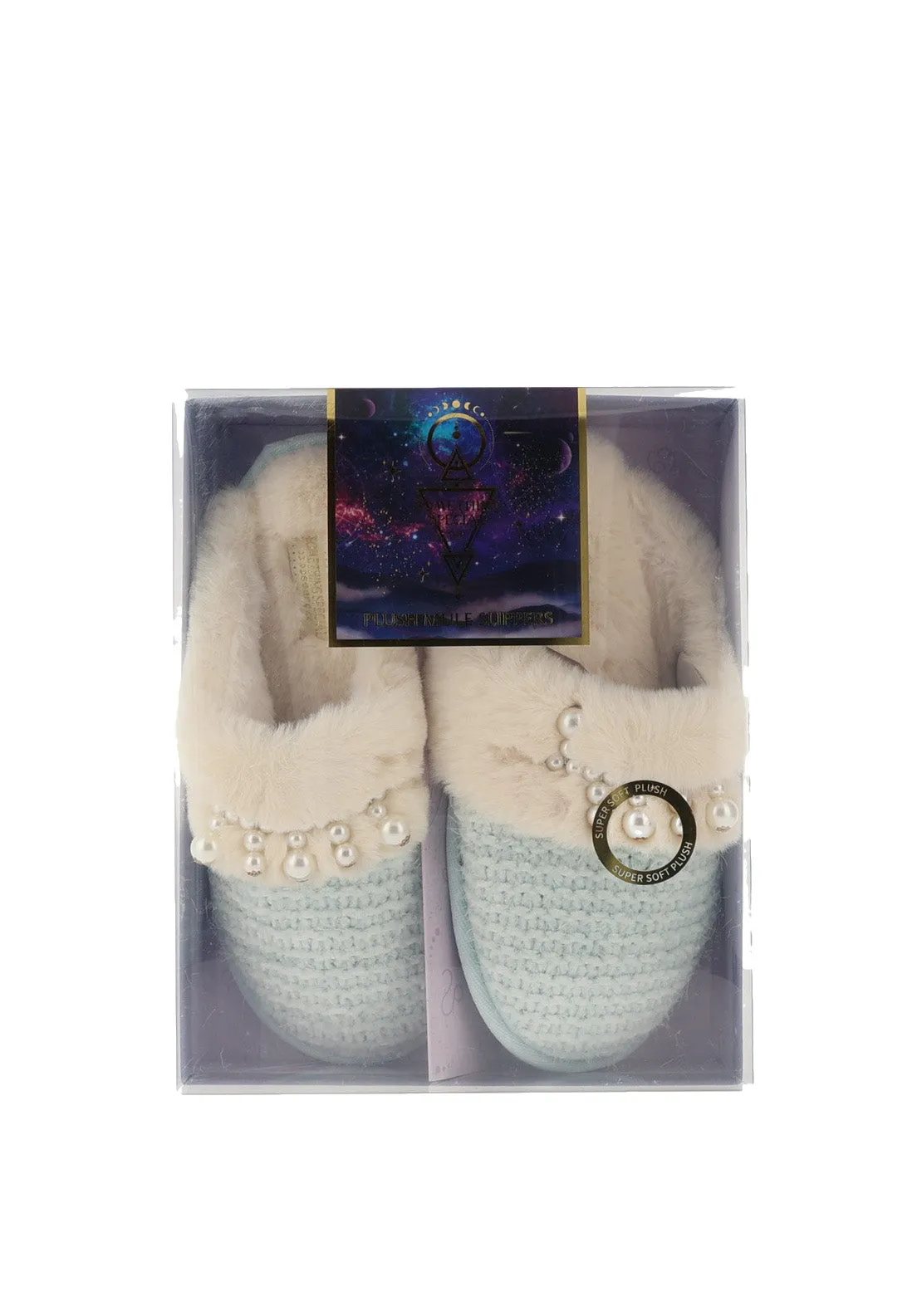 Something Special Ladies Pearl Embellished Plush Mule Slippers, Mint