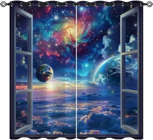 Space Galaxy Blackout Curtains for Girls Boys Kids Home Decor, Universe Nebula Galaxies Solar Planet Grommet Thermal Insulated Drapes Darkening Window Curtain for Bedroom Living Room, 84 x 84 Inch