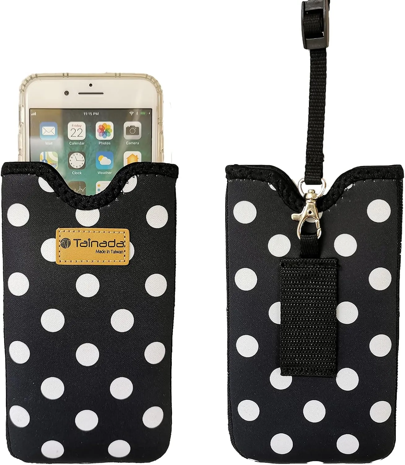 Tainada Men Women Neoprene Shockproof Phone Sleeve Pouch Carrying Case with Neck Lanyard, Belt Loop Holster for iPhone 16/15 Pro Max, 16/15 Plus, Samsung S24 , A54, Z Fold5 (Black White Polka Dots)