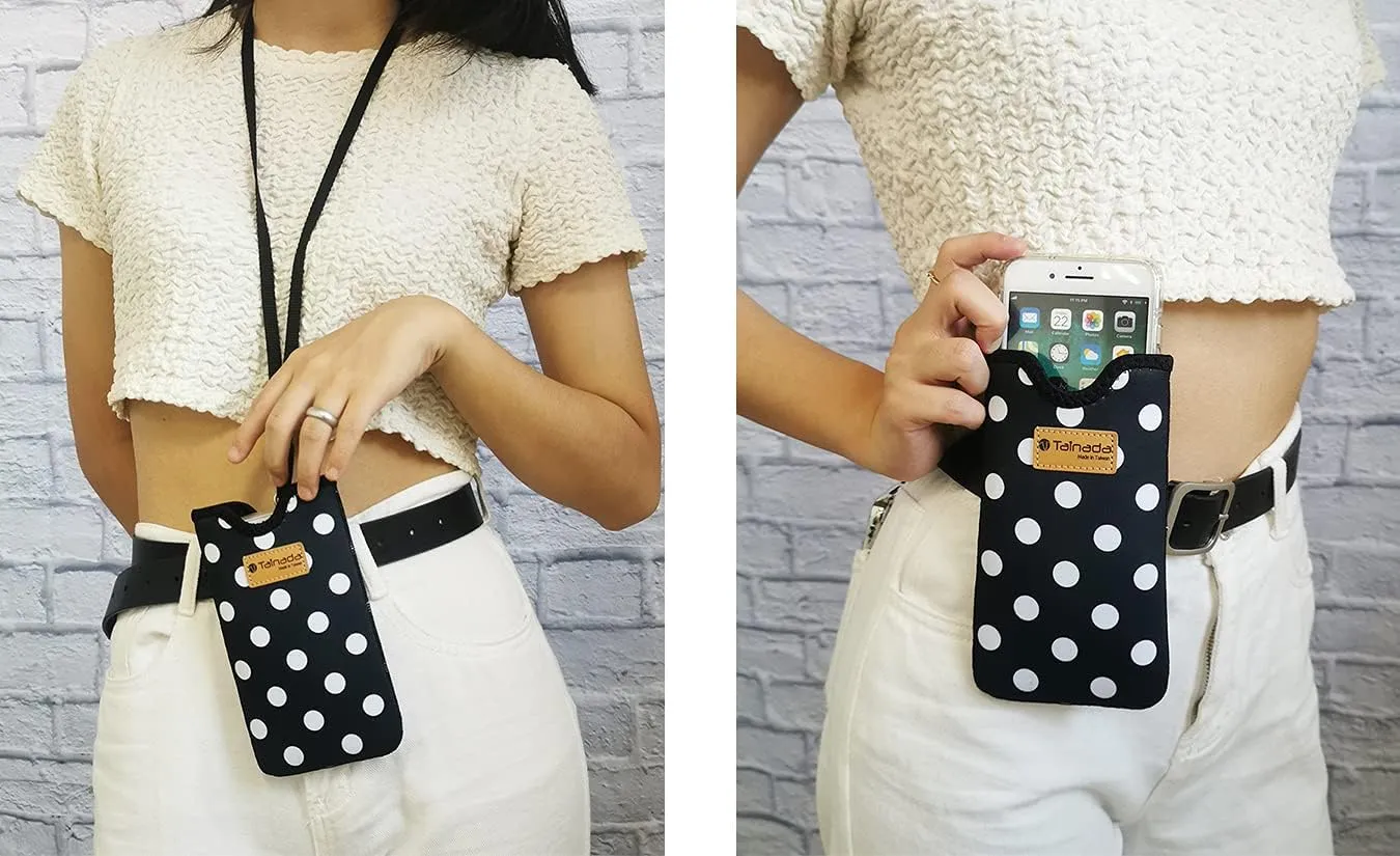 Tainada Men Women Neoprene Shockproof Phone Sleeve Pouch Carrying Case with Neck Lanyard, Belt Loop Holster for iPhone 16/15 Pro Max, 16/15 Plus, Samsung S24 , A54, Z Fold5 (Black White Polka Dots)