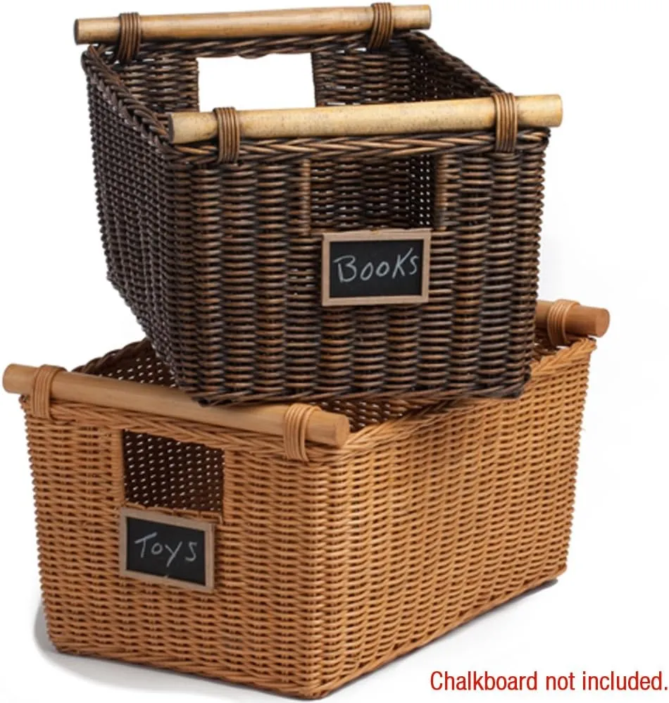 The Basket Lady Pole Handle Wicker Storage Basket, Extra Large, 20 in L x 16 in W x 10 in H, Antique Walnut Brown