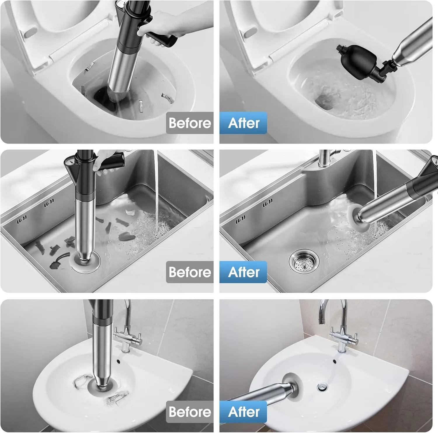 Toilet Plunger - Powerful Air Pressure Drain Blaster with 4 Plunger Heads & Gauge - Heavy Duty Stainless Steel for Clogged Shower, Floor Drain