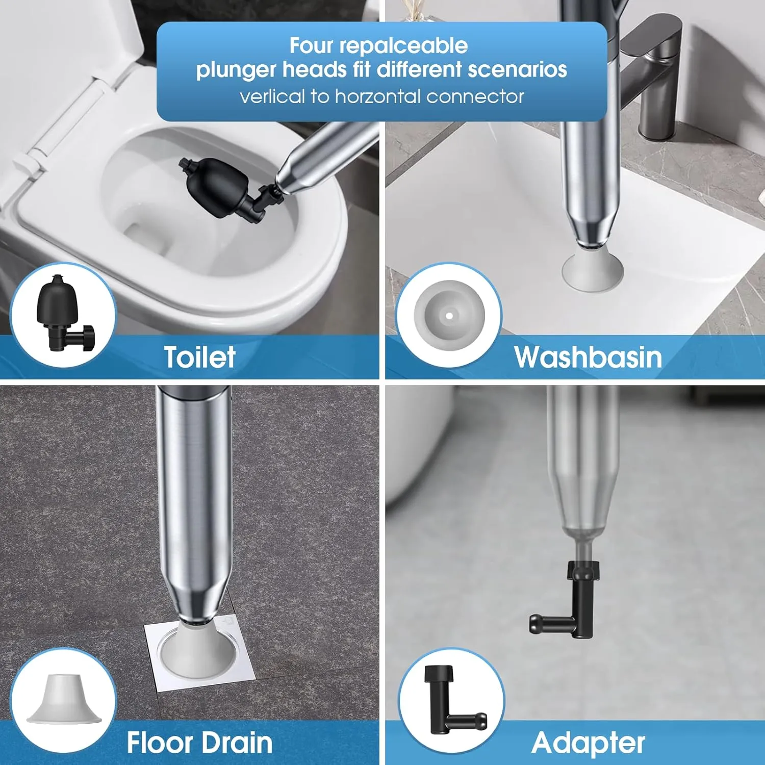 Toilet Plunger - Powerful Air Pressure Drain Blaster with 4 Plunger Heads & Gauge - Heavy Duty Stainless Steel for Clogged Shower, Floor Drain