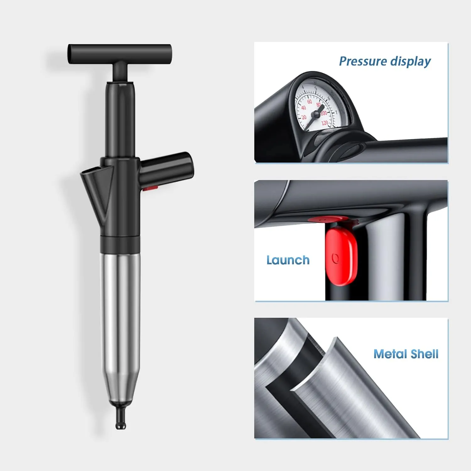 Toilet Plunger - Powerful Air Pressure Drain Blaster with 4 Plunger Heads & Gauge - Heavy Duty Stainless Steel for Clogged Shower, Floor Drain