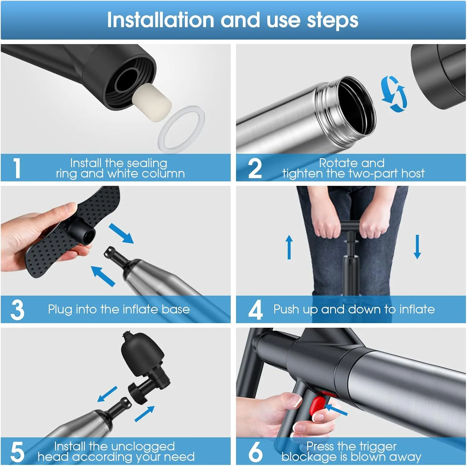 Toilet Plunger - Powerful Air Pressure Drain Blaster with 4 Plunger Heads & Gauge - Heavy Duty Stainless Steel for Clogged Shower, Floor Drain