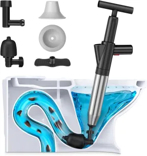 Toilet Plunger - Powerful Air Pressure Drain Blaster with 4 Plunger Heads & Gauge - Heavy Duty Stainless Steel for Clogged Shower, Floor Drain