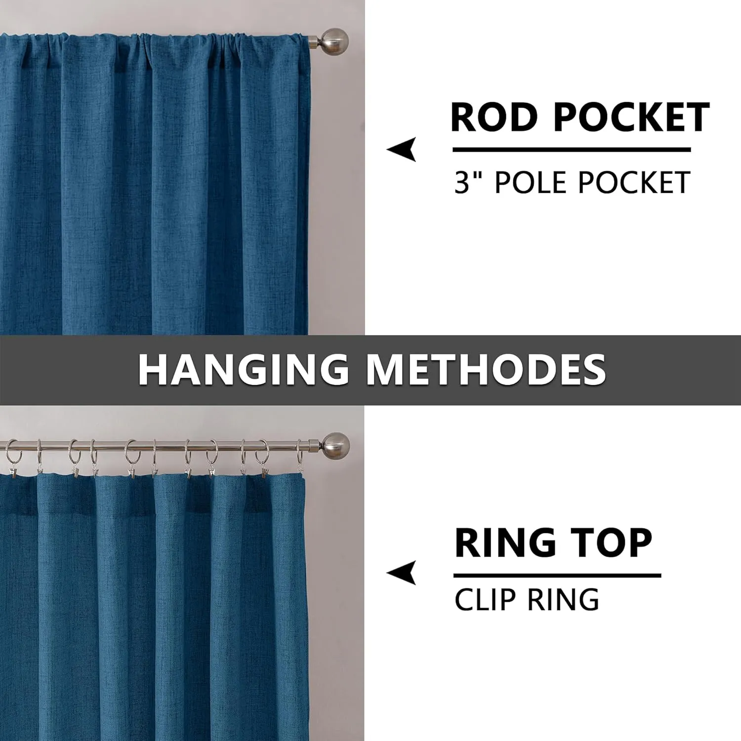 Tollpiz Short Linen Curtains Bedroom Rod Pocket Semi Sheer Curtain Burlap Light Filtering Thick Linen Drapes for Living Room, 38 x 45 inches Long, Classic Blue, Set of 2 Panels