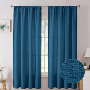 Tollpiz Short Linen Curtains Bedroom Rod Pocket Semi Sheer Curtain Burlap Light Filtering Thick Linen Drapes for Living Room, 38 x 45 inches Long, Classic Blue, Set of 2 Panels