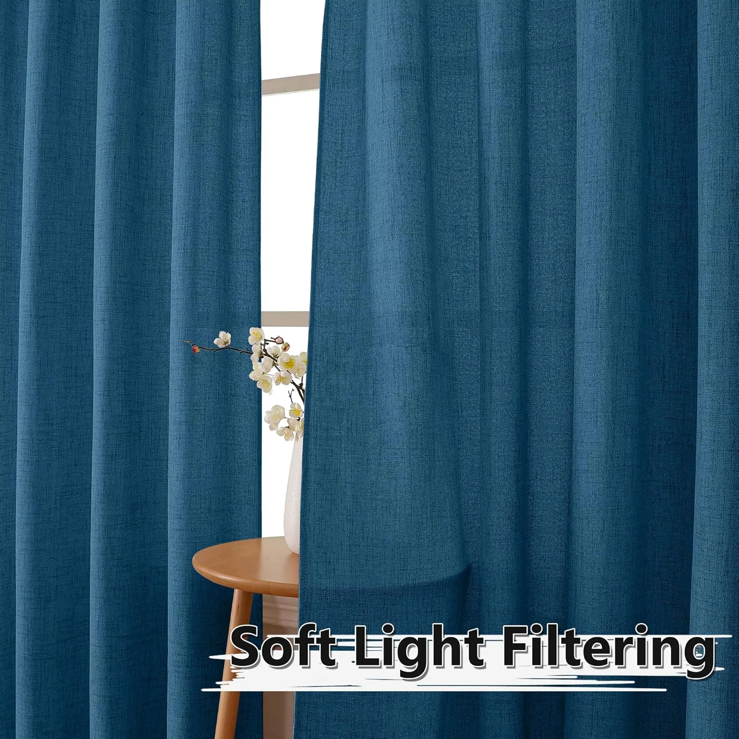 Tollpiz Short Linen Curtains Bedroom Rod Pocket Semi Sheer Curtain Burlap Light Filtering Thick Linen Drapes for Living Room, 38 x 45 inches Long, Classic Blue, Set of 2 Panels