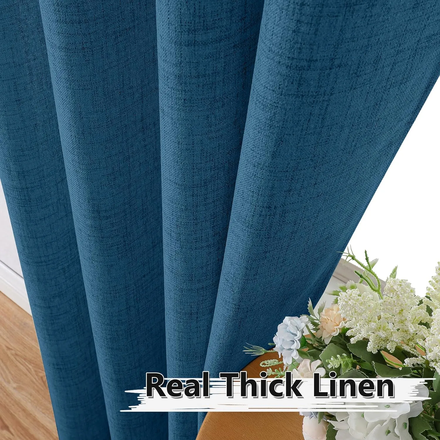 Tollpiz Short Linen Curtains Bedroom Rod Pocket Semi Sheer Curtain Burlap Light Filtering Thick Linen Drapes for Living Room, 38 x 45 inches Long, Classic Blue, Set of 2 Panels