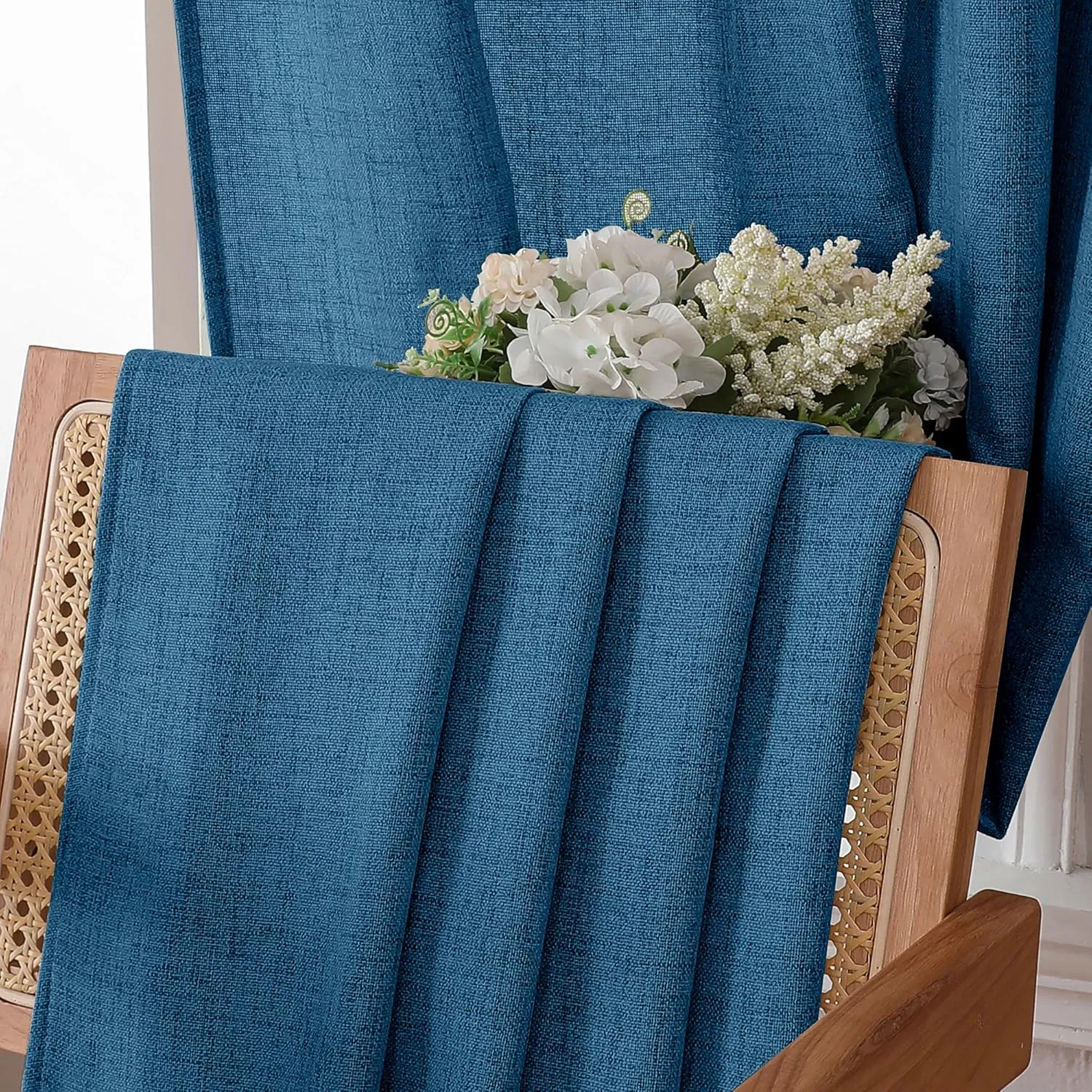 Tollpiz Short Linen Curtains Bedroom Rod Pocket Semi Sheer Curtain Burlap Light Filtering Thick Linen Drapes for Living Room, 38 x 45 inches Long, Classic Blue, Set of 2 Panels