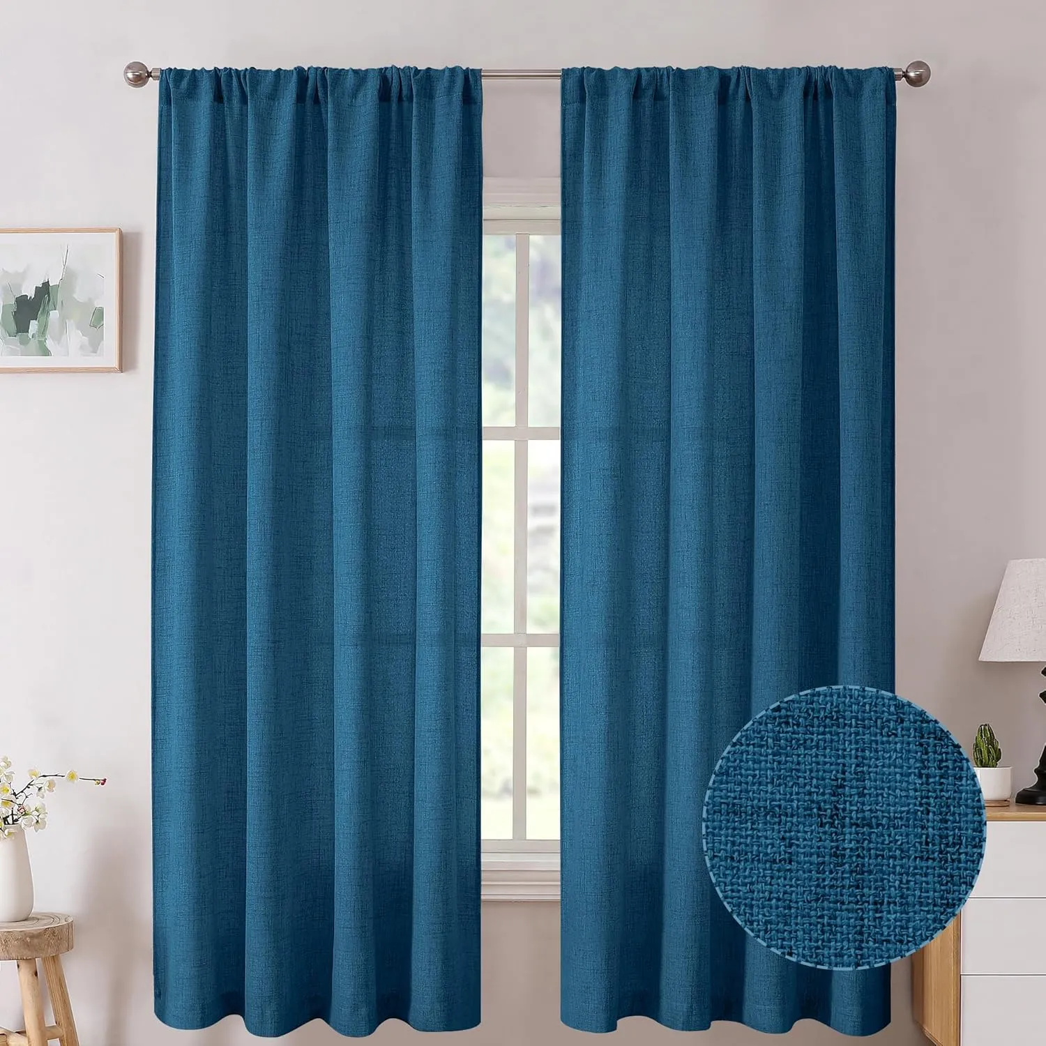 Tollpiz Short Linen Curtains Bedroom Rod Pocket Semi Sheer Curtain Burlap Light Filtering Thick Linen Drapes for Living Room, 38 x 45 inches Long, Classic Blue, Set of 2 Panels