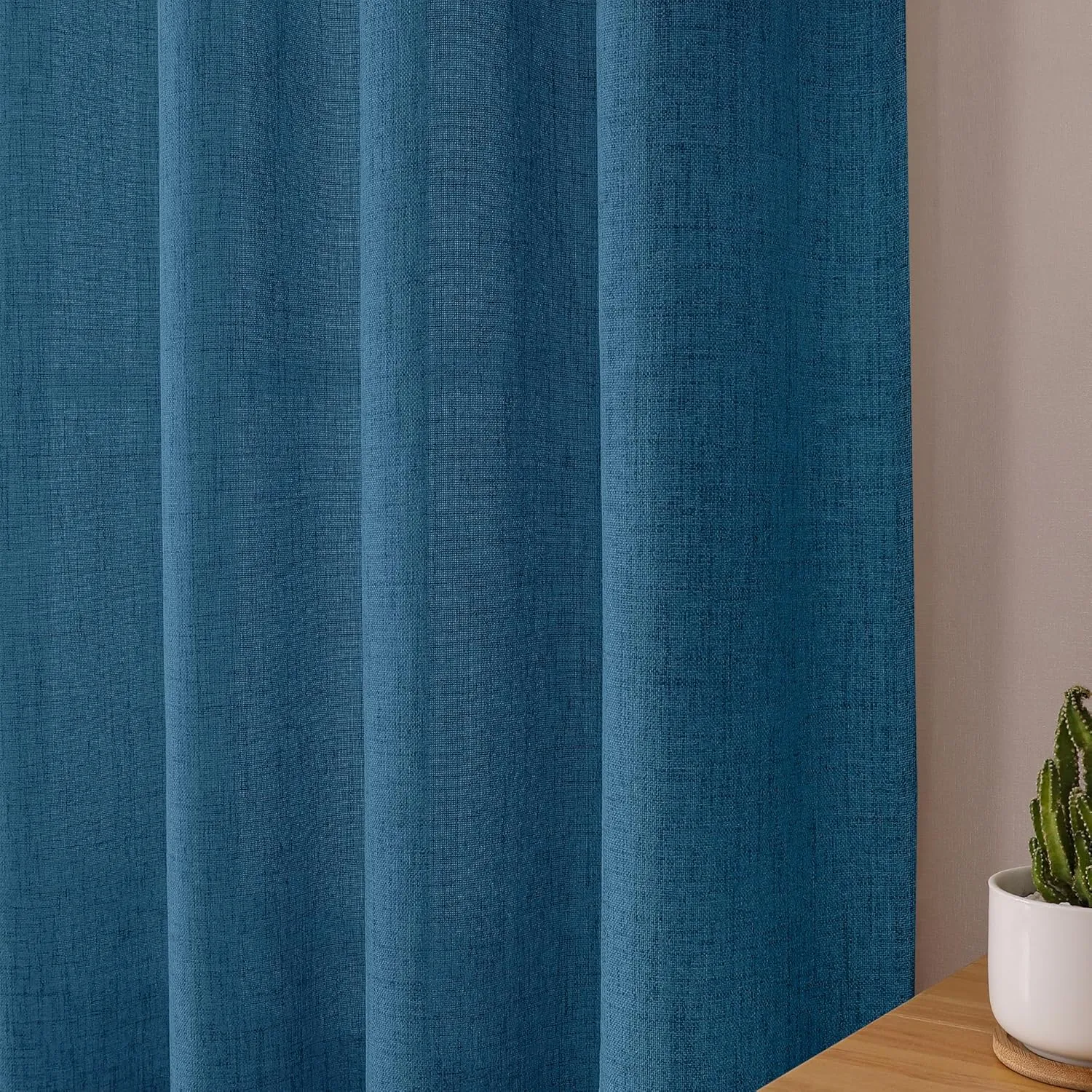 Tollpiz Short Linen Curtains Bedroom Rod Pocket Semi Sheer Curtain Burlap Light Filtering Thick Linen Drapes for Living Room, 38 x 45 inches Long, Classic Blue, Set of 2 Panels