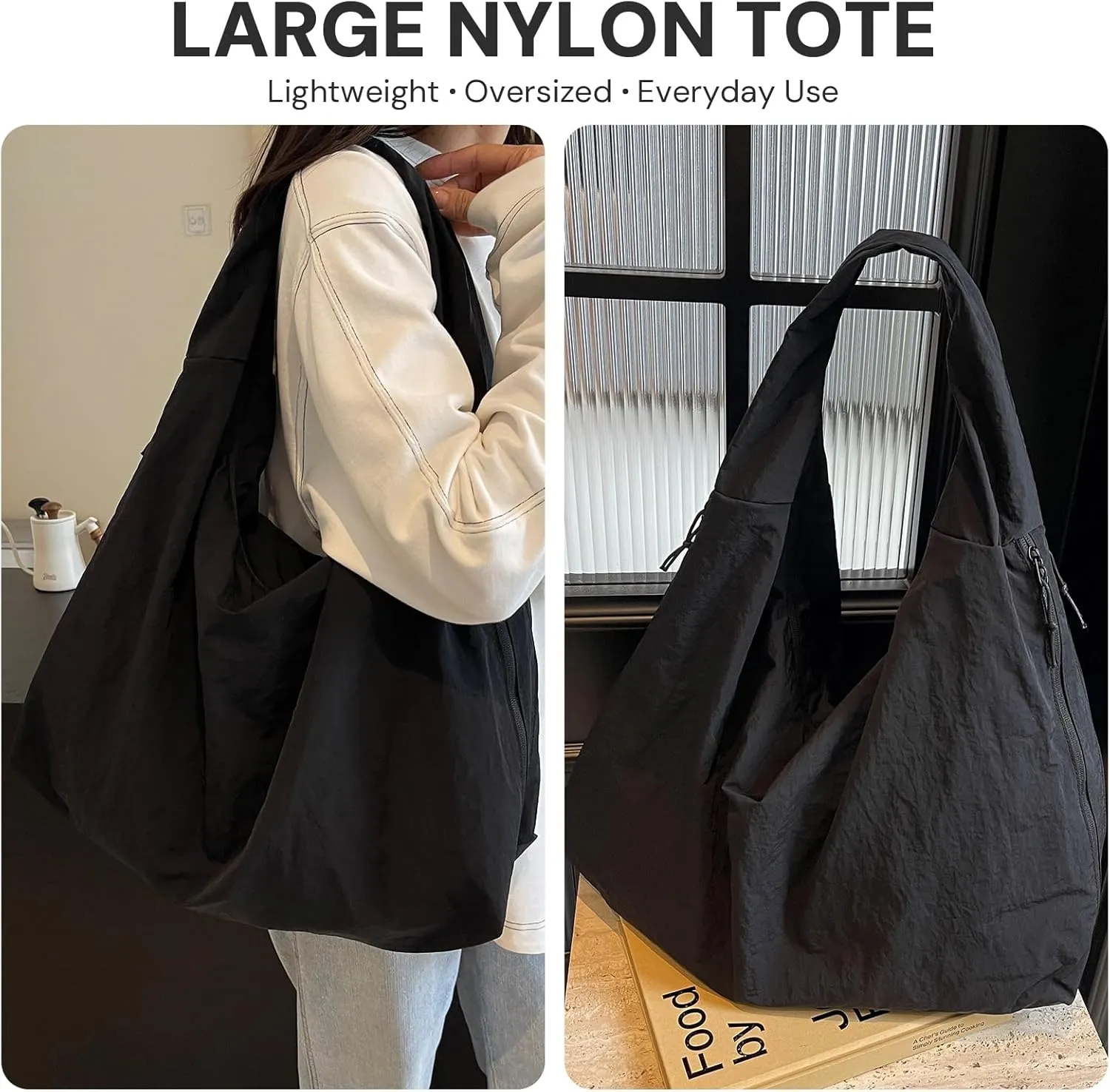 Tote Bag for Women, Lightweight Foldable Nylon Slouchy Tote, Large Capacity Womens Hobo Bag for Travel, Work, Gym, Daily Use