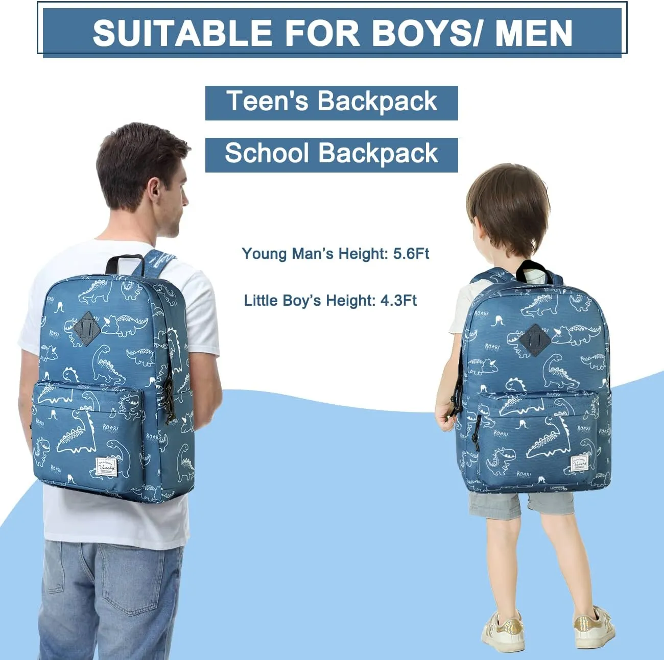 VASCHY Backpack for School, Lightweight Water Resistant Bookbag Casual Daypack for Man/Boys Dinosaurs
