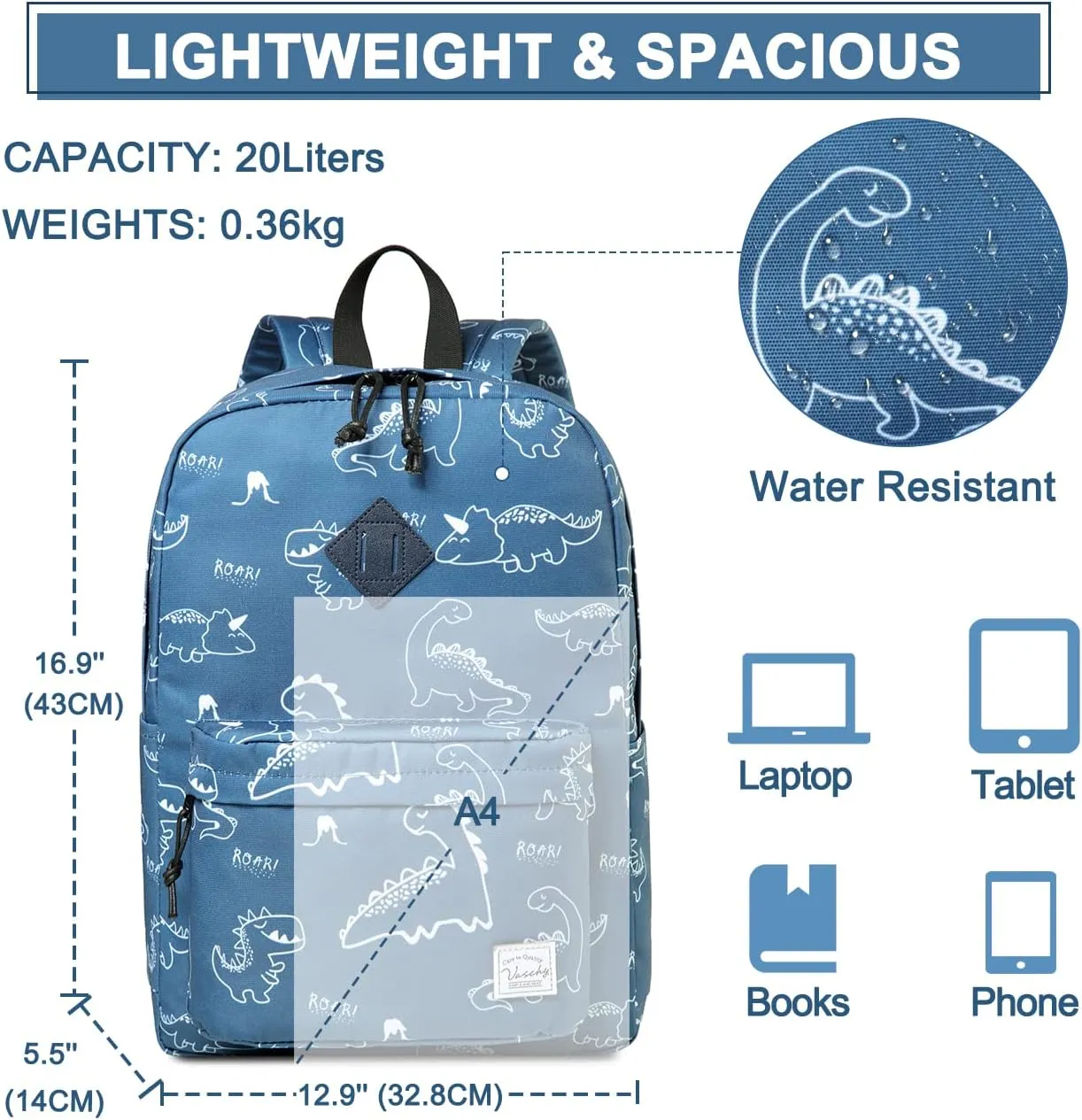 VASCHY Backpack for School, Lightweight Water Resistant Bookbag Casual Daypack for Man/Boys Dinosaurs