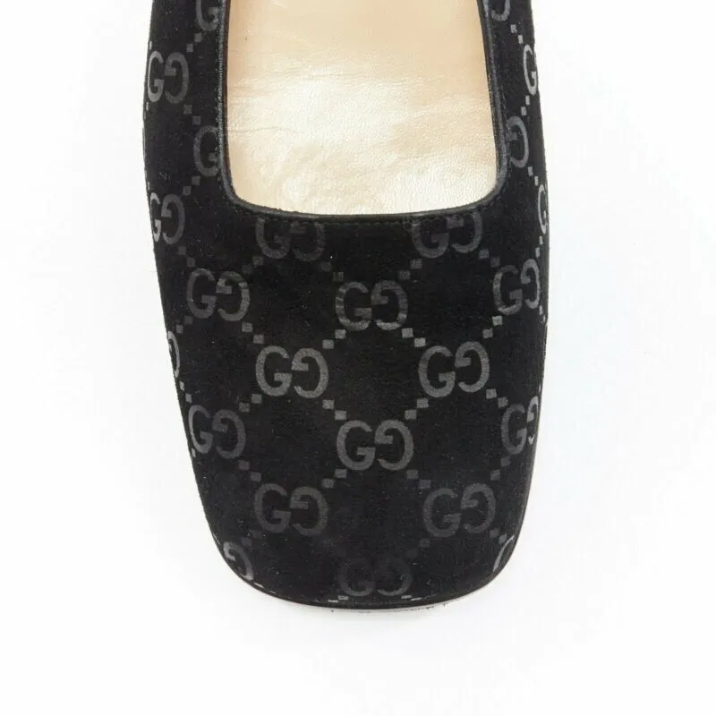 vintage GUCCI black monogram printed black suede square toe loafer EU36.5C