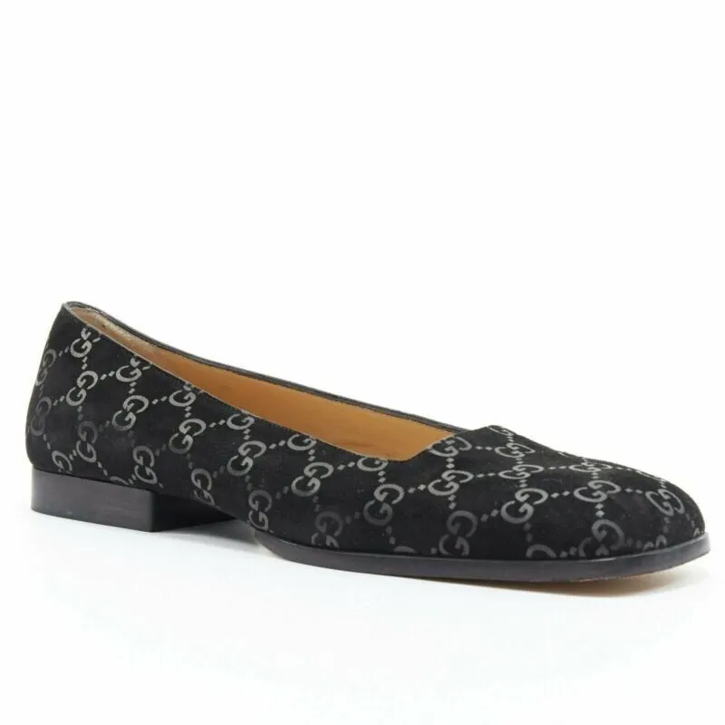 vintage GUCCI black monogram printed black suede square toe loafer EU36.5C