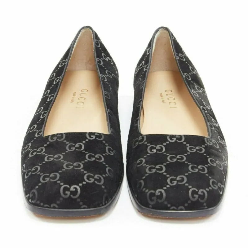 vintage GUCCI black monogram printed black suede square toe loafer EU36.5C