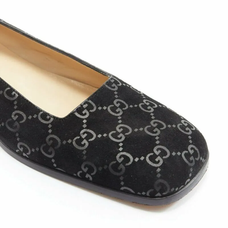 vintage GUCCI black monogram printed black suede square toe loafer EU36.5C