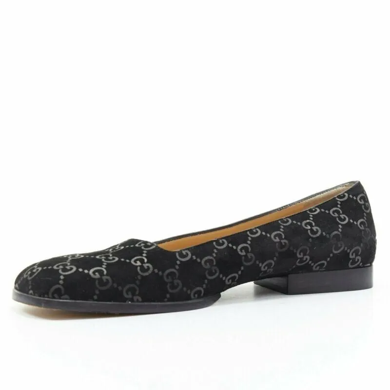 vintage GUCCI black monogram printed black suede square toe loafer EU36.5C