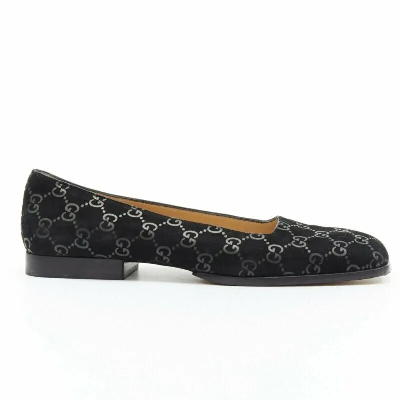 vintage GUCCI black monogram printed black suede square toe loafer EU36.5C