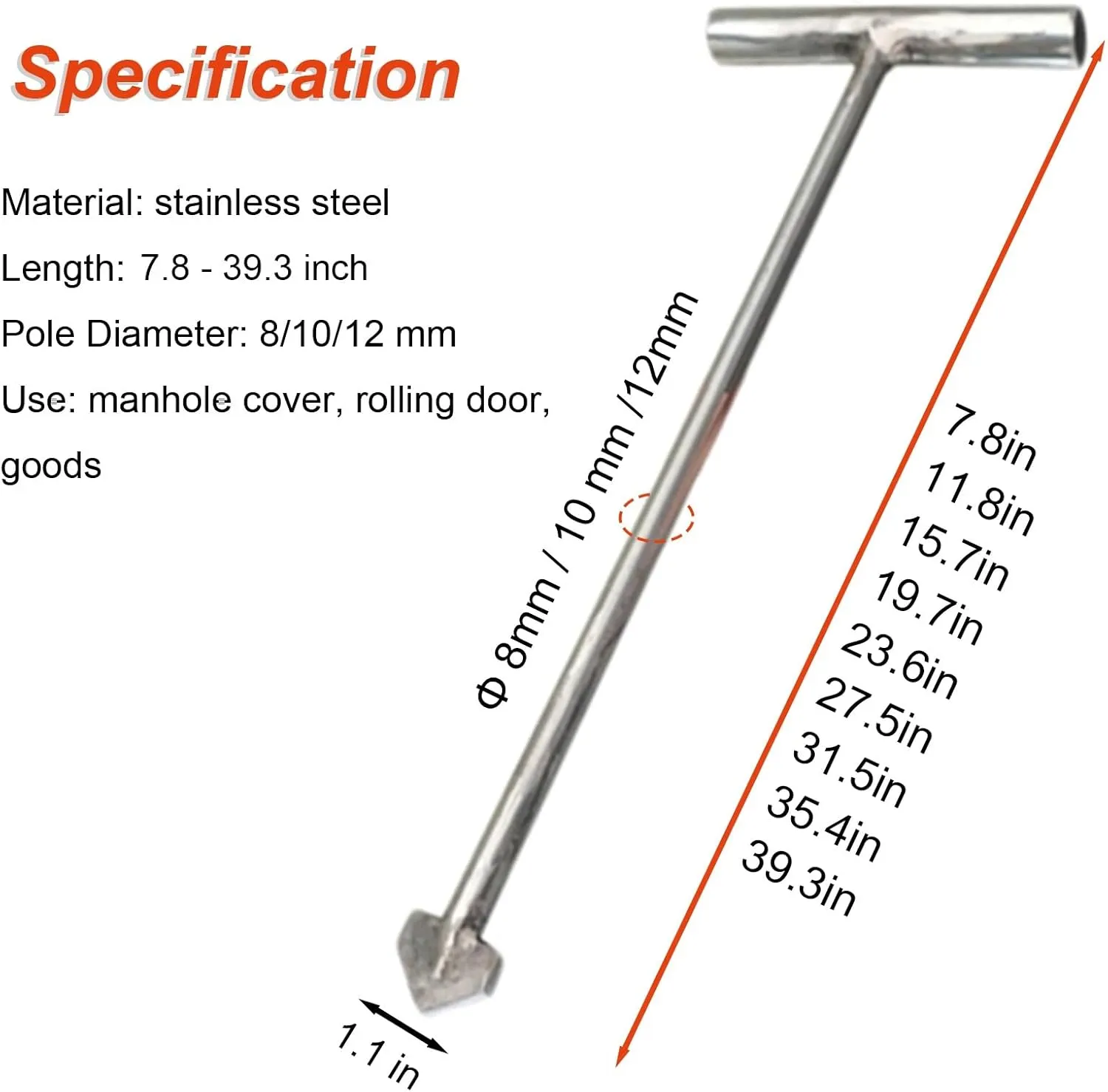 WDJBPSH 39 35 31 27 23 20 16 Inch Lenght Manhole Cover T Hook, Protable Hand Hole Hook for Moving Lifting and Pulling, Lids Pullers with I-Shaped Tip(Dia-8mm,L - 7.8in)