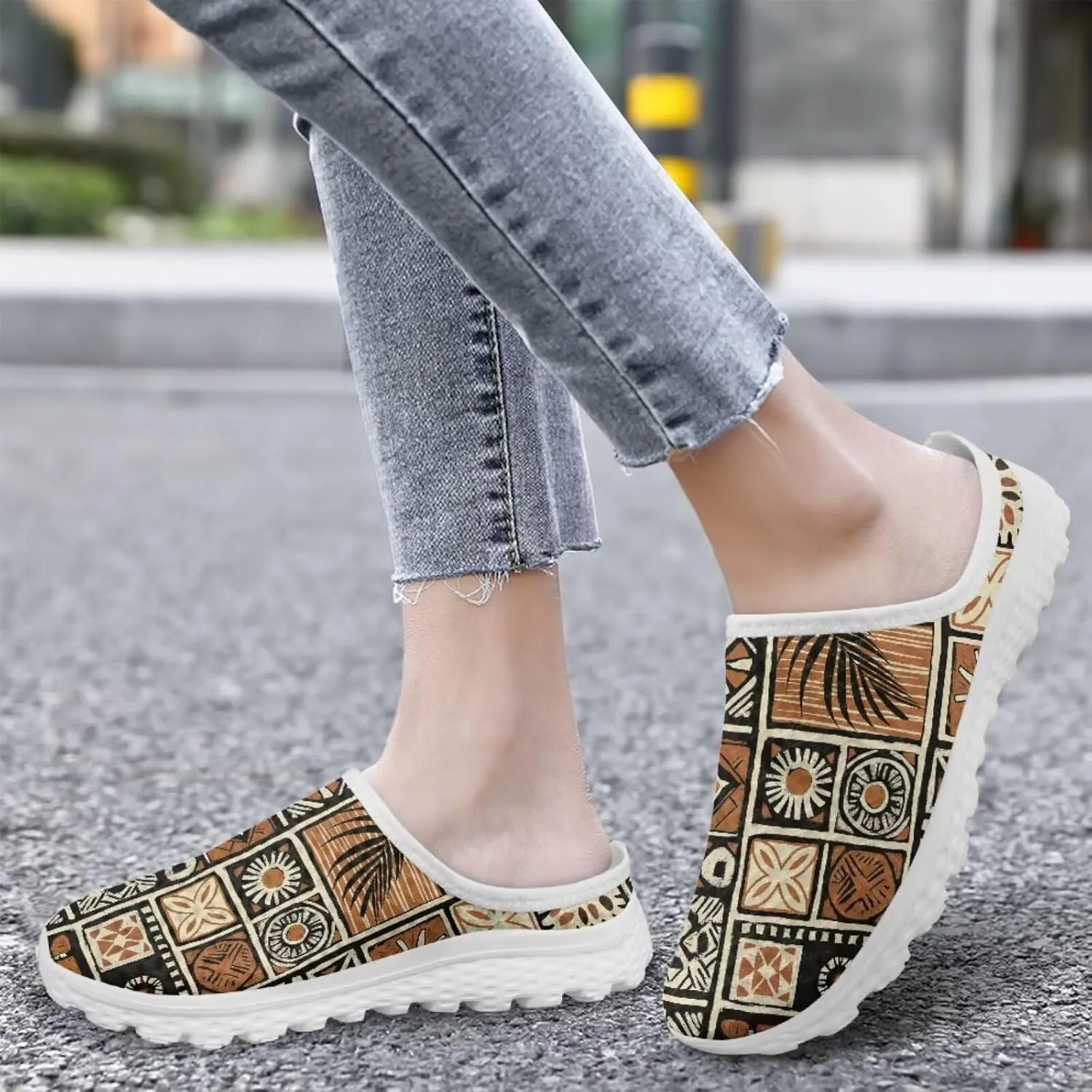Western Aztec Print Mule Tennis Shoes for Women Flats Garden Shoes Mesh Running Sneakers, Arch Support US 6-13.5