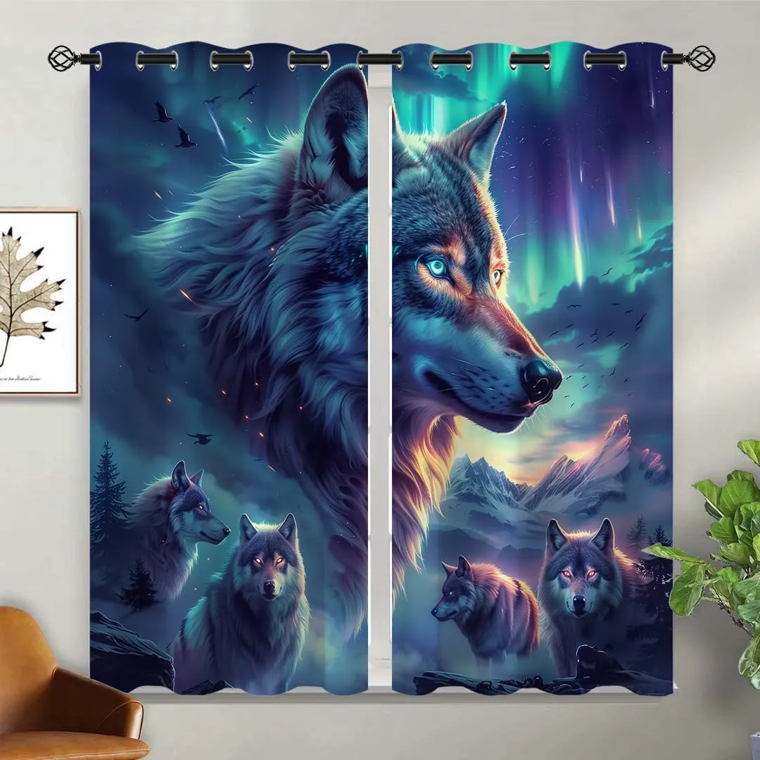 Wolf Blackout Curtains for Girls Boy Home Decor, Aurora Northern Light Galaxy Fantasy Animal Grommet Thermal Insulated Drapes Darkening Window Curtain for Bedroom Living Room, 55 x 63 Inch