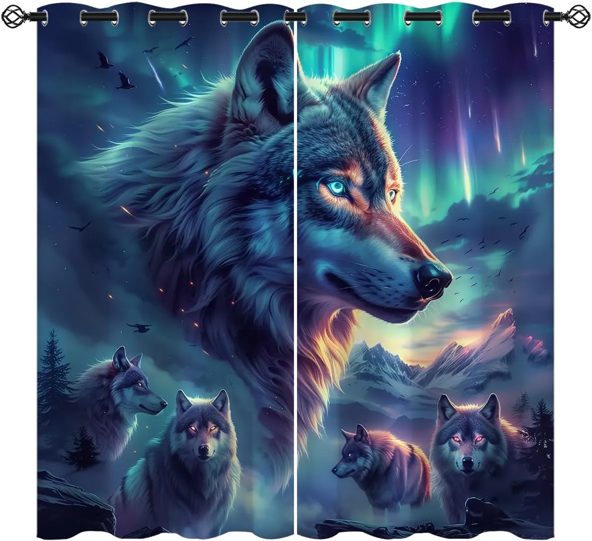 Wolf Blackout Curtains for Girls Boy Home Decor, Aurora Northern Light Galaxy Fantasy Animal Grommet Thermal Insulated Drapes Darkening Window Curtain for Bedroom Living Room, 55 x 63 Inch