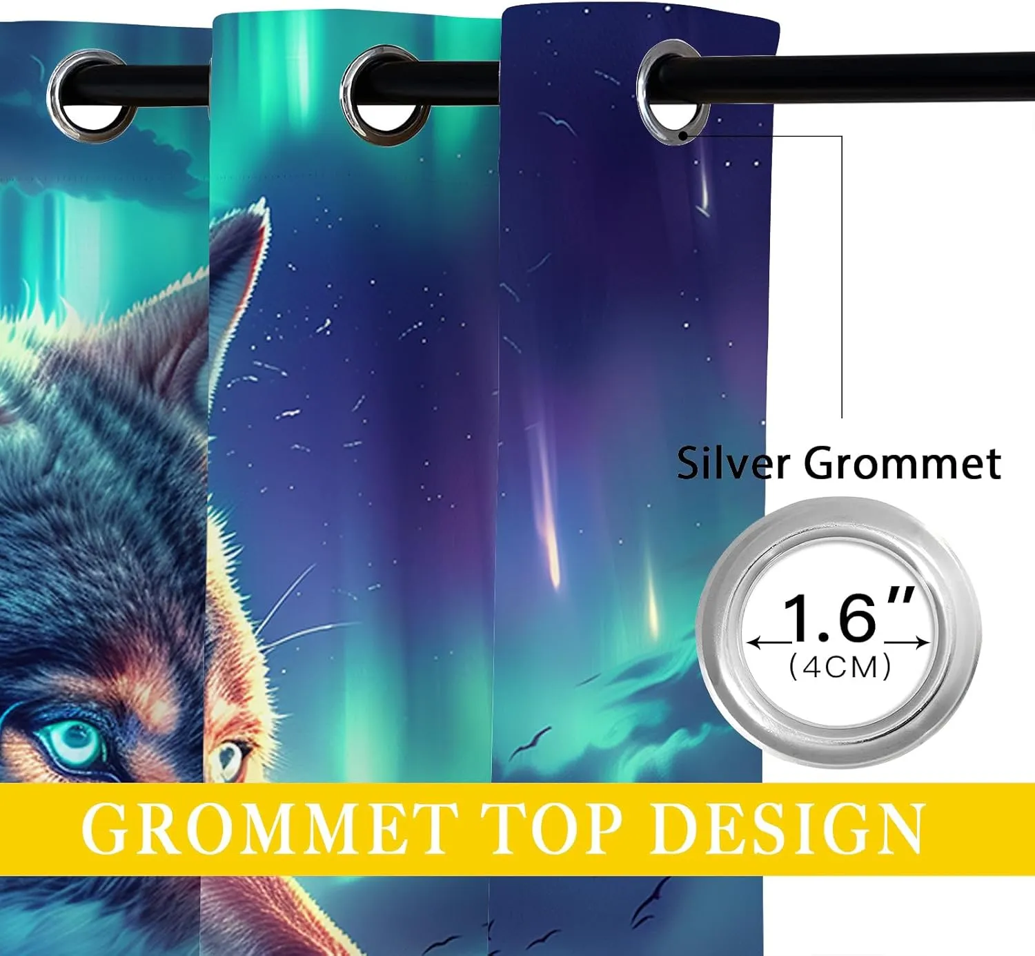 Wolf Blackout Curtains for Girls Boy Home Decor, Aurora Northern Light Galaxy Fantasy Animal Grommet Thermal Insulated Drapes Darkening Window Curtain for Bedroom Living Room, 55 x 63 Inch