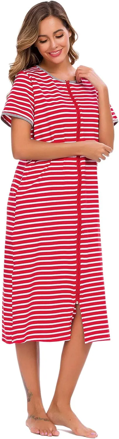 Women Short Sleeve Zip Front Nightgowns Full Length Cotton Robes Loose Housecoat Loungewear with Pockets S-XXL