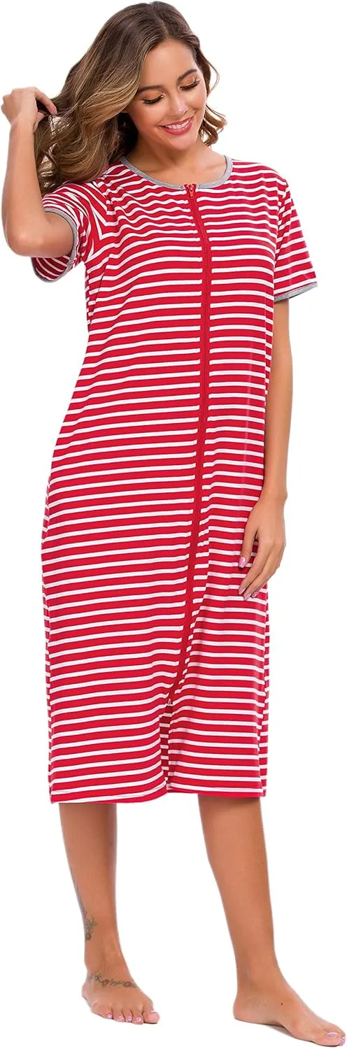 Women Short Sleeve Zip Front Nightgowns Full Length Cotton Robes Loose Housecoat Loungewear with Pockets S-XXL