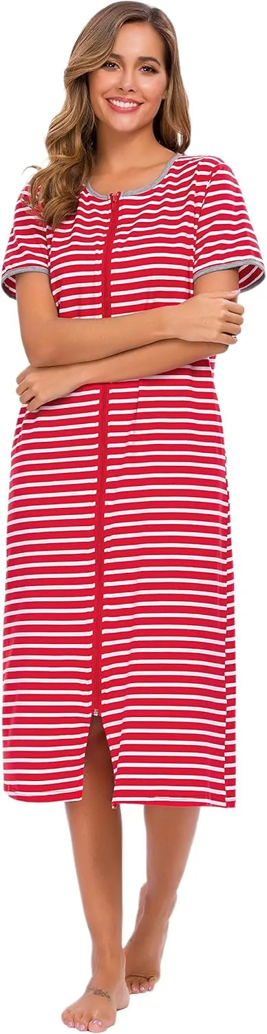 Women Short Sleeve Zip Front Nightgowns Full Length Cotton Robes Loose Housecoat Loungewear with Pockets S-XXL