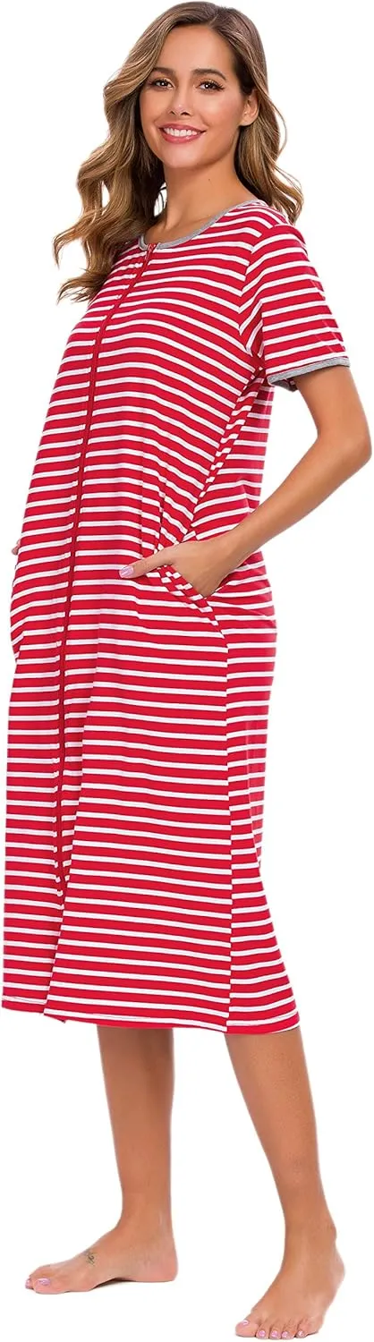 Women Short Sleeve Zip Front Nightgowns Full Length Cotton Robes Loose Housecoat Loungewear with Pockets S-XXL