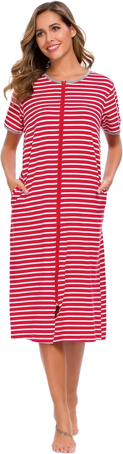 Women Short Sleeve Zip Front Nightgowns Full Length Cotton Robes Loose Housecoat Loungewear with Pockets S-XXL