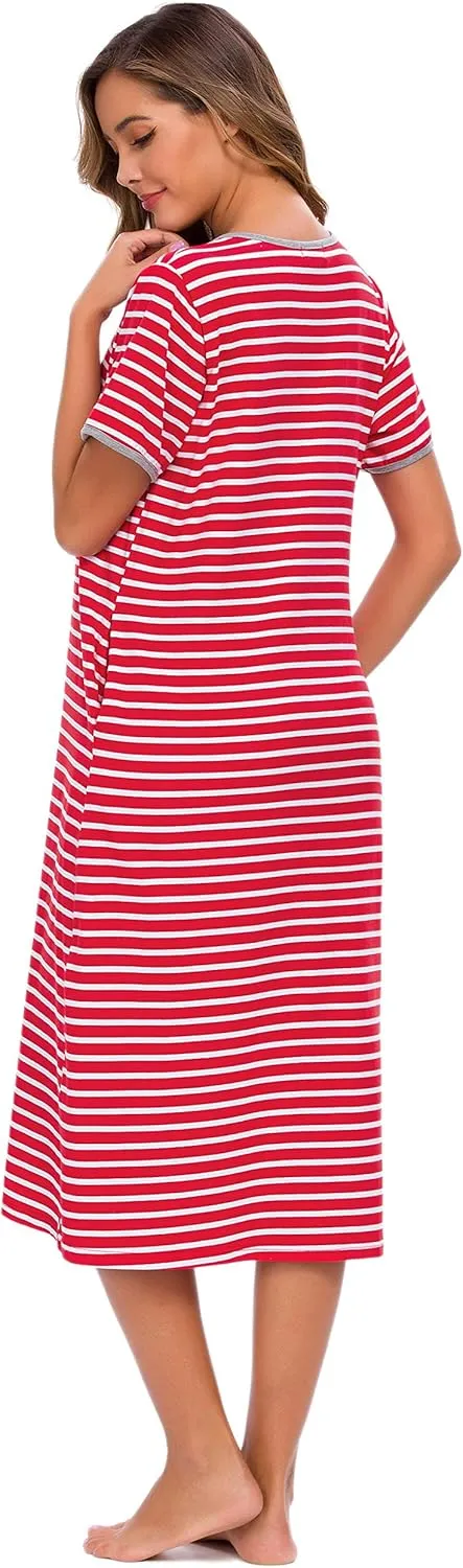 Women Short Sleeve Zip Front Nightgowns Full Length Cotton Robes Loose Housecoat Loungewear with Pockets S-XXL