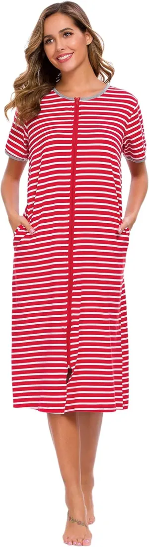 Women Short Sleeve Zip Front Nightgowns Full Length Cotton Robes Loose Housecoat Loungewear with Pockets S-XXL