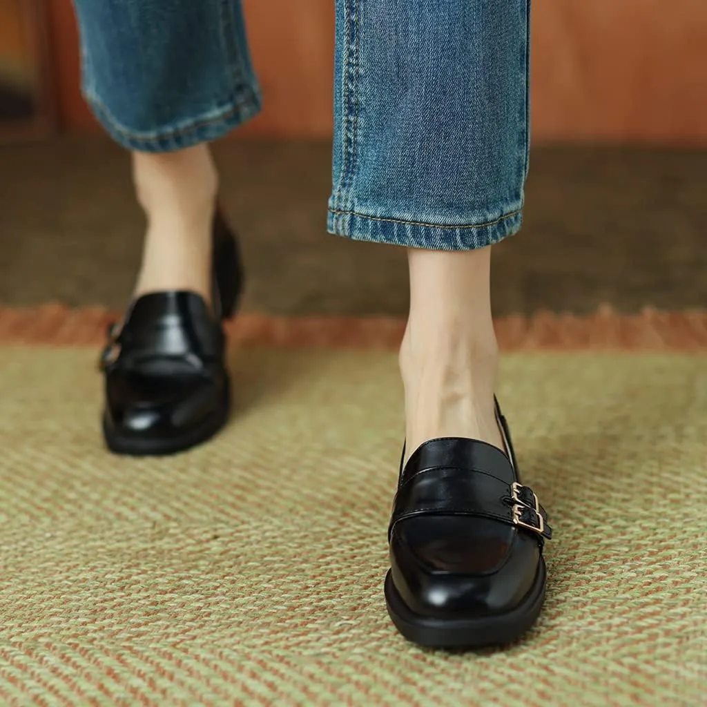 Women's Classic Buckle Slip On Penny Loafers Flats Square Toe Leather Business Dress Oxford Shoes
